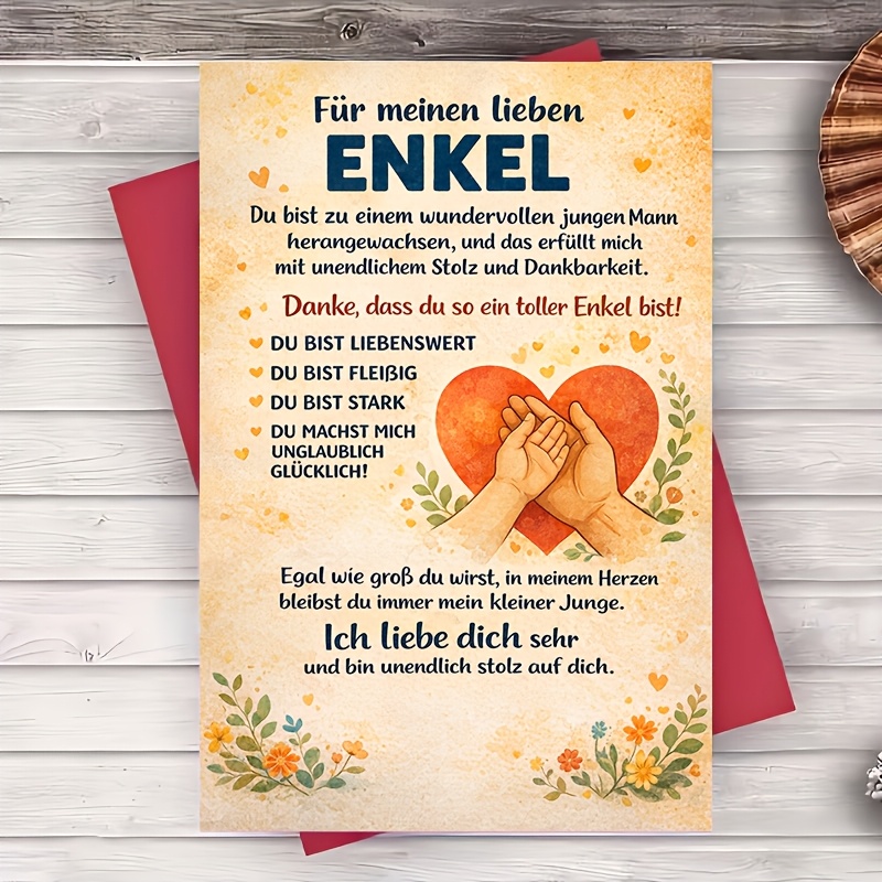 E-shop Ein Umschlag eine Grußkarte – Enkel-Grußkarte von Oma Opa mit Herz--Hände-Design für Geburtstag, Schulabschluss oder einfach so – durchdachtes
