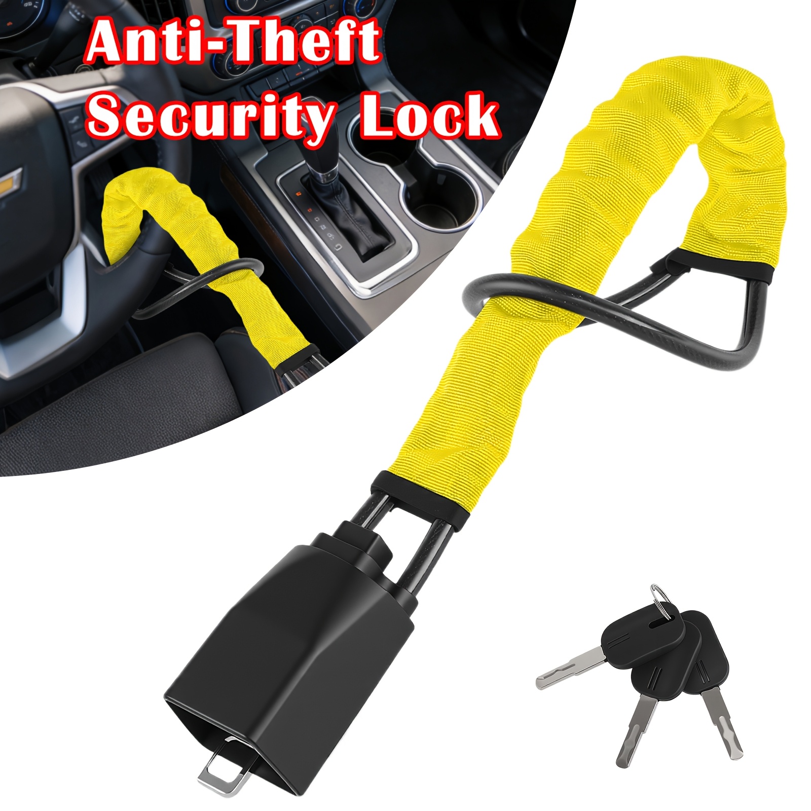Image of Universal Car Steering Wheel To Seatbelt Lock, 27.5 Inch Cut Resistant Steel Cable Anti Theft Lock, Theft Deterrent Vehicle Security Keys