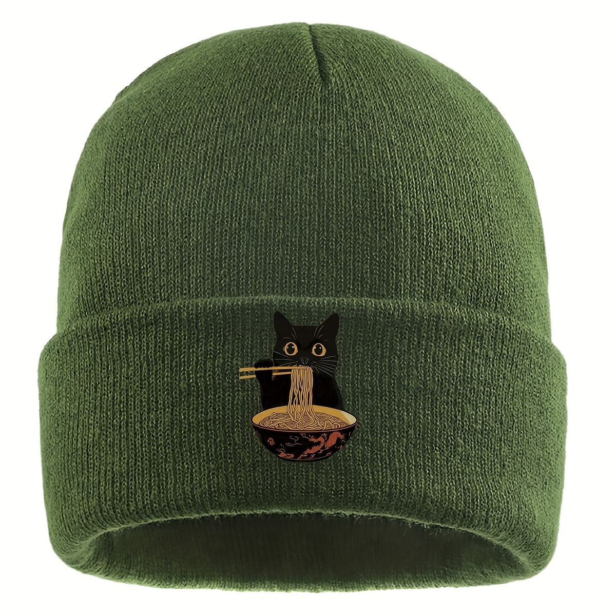 TEMU 1pc Cute Black Cat Eating Noodles With Chopsticks Print Beanie, Winter Plush Women's Ear Protection -lined Brimless Beanie, Outdoor Activities