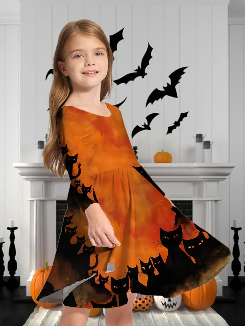 fashion girls lovely halloween black cat long sleeve dress - Temu fashion girls lovely halloween black cat long sleeve dress - Temu