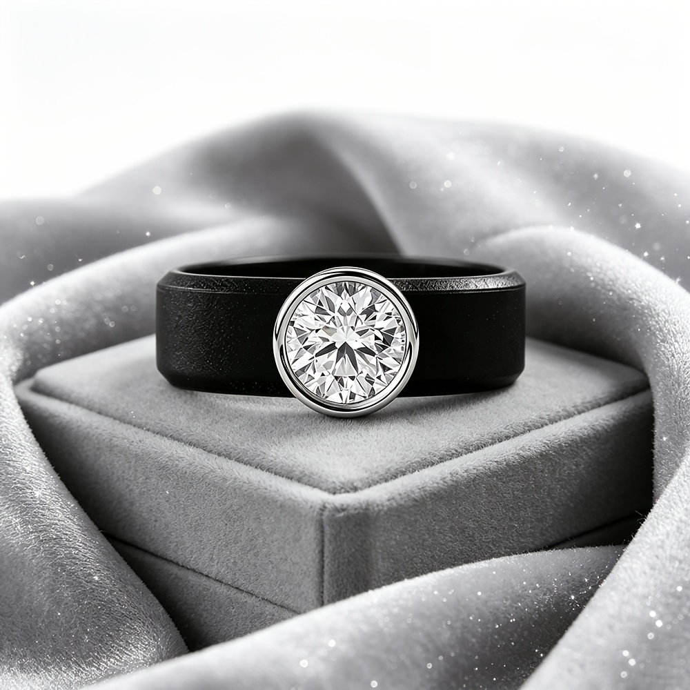 Round Zirconia Bezel-Set Silicone Ring for Men and Women