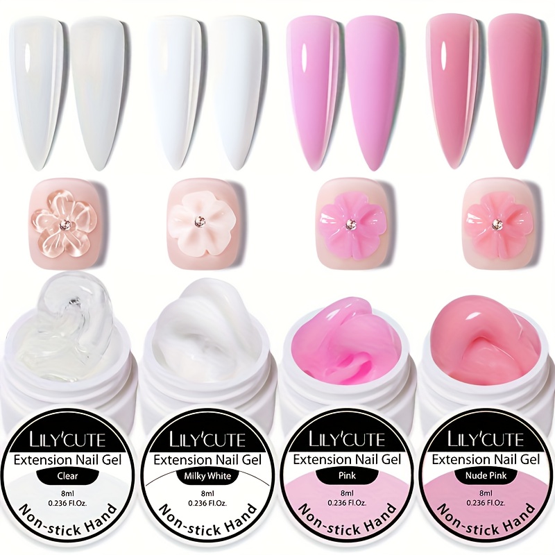 TEMU Lilycute 4pcs 8ml Pink Nude Non Stick Hand Extension Gel Nail Polish Solid Hard Gel For Shaping Carving Nail Art Manicure Diy