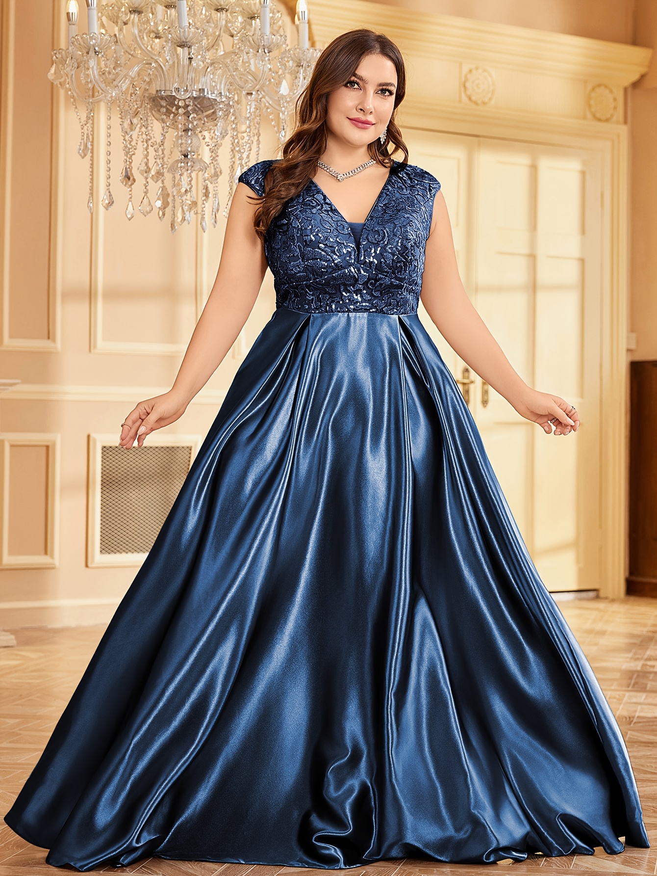 Plus Size Elegant Sleeveless V-Neck Party Dress with Sequin Detail A-Line  Silhouette Floor-Length Formal Gown, Machine Washable Flattering Fit for