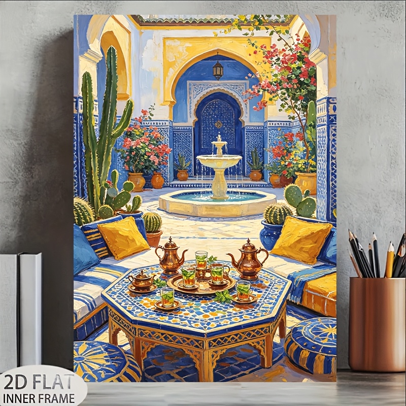 TEMU Art mural encadré 1 pièce, cour de riad marocain, plat 2D - Décoration marocaine moderne pour salon, chambre, peinture sur toile HD avec cadre à