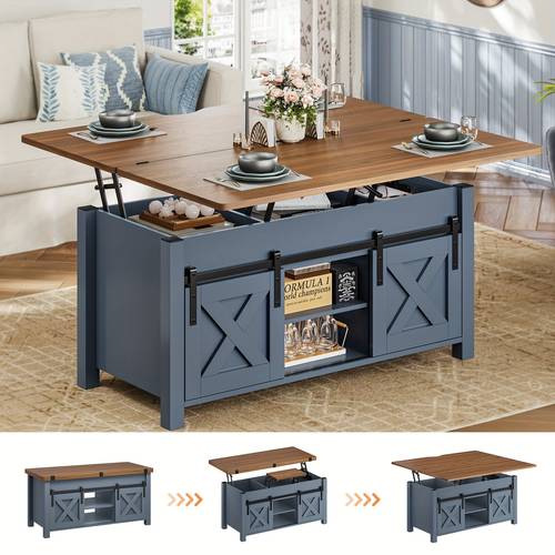 farmhouse lift top coffee table 4 in 1 multi function convertible coffee tables with storage dining table for living room blue