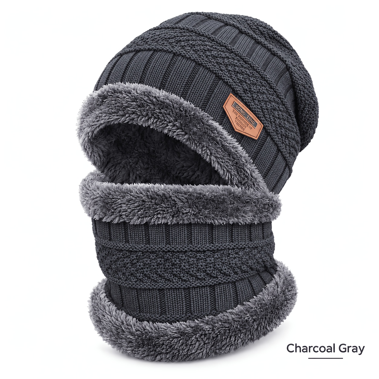 TEMU 2pcs (1pc Hat And 1pc Scarf) Unisex Winter Cold Protection Hat And Neck Warmer Set, Fleece Lined Thick Ear Cover Beanie, Versatile Comfortable