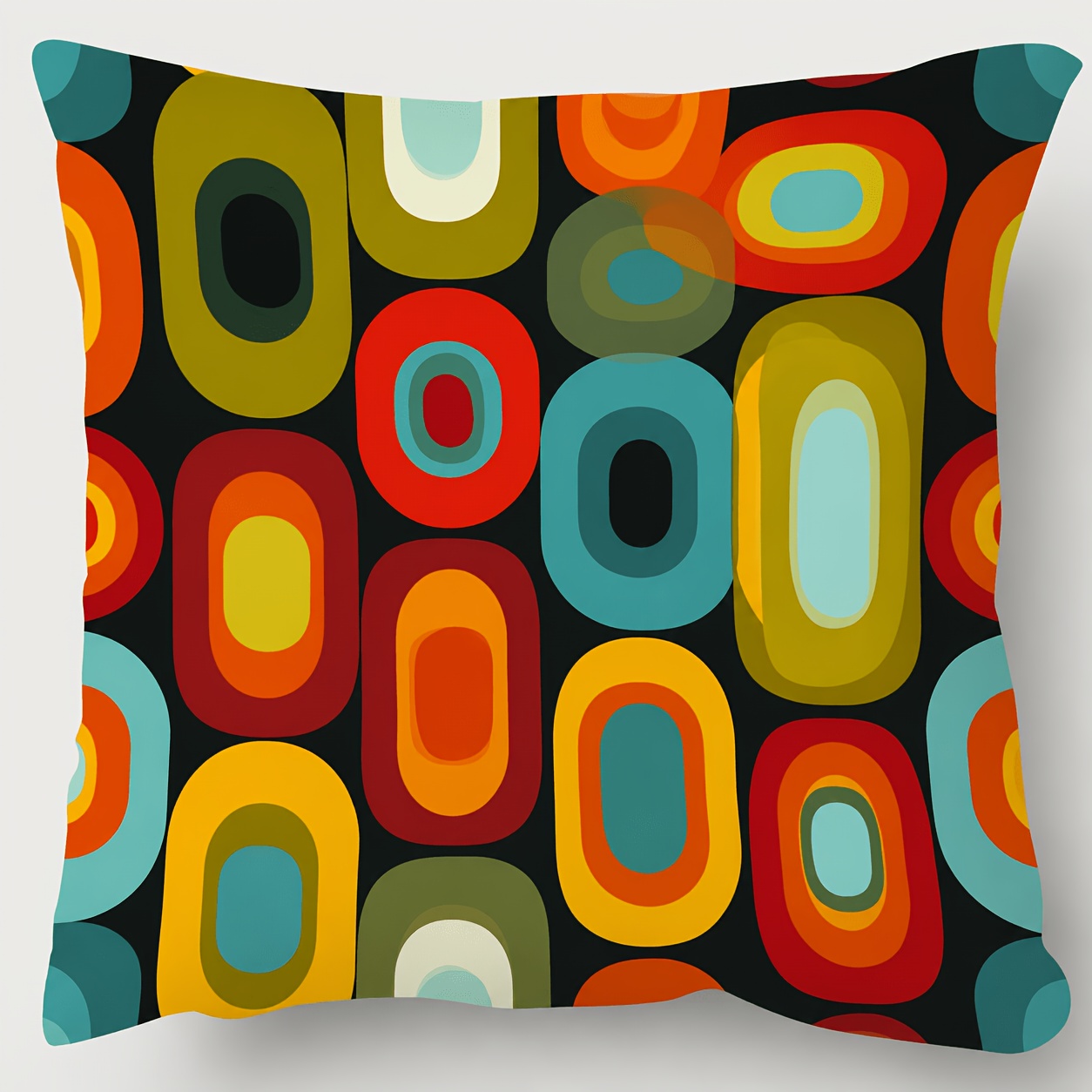 TEMU Taie d'oreiller 1 pièce, style vintage années 60, avec ovales sur fond noir accentués de géométriques vives, fermeture à glissière, x , tissu en