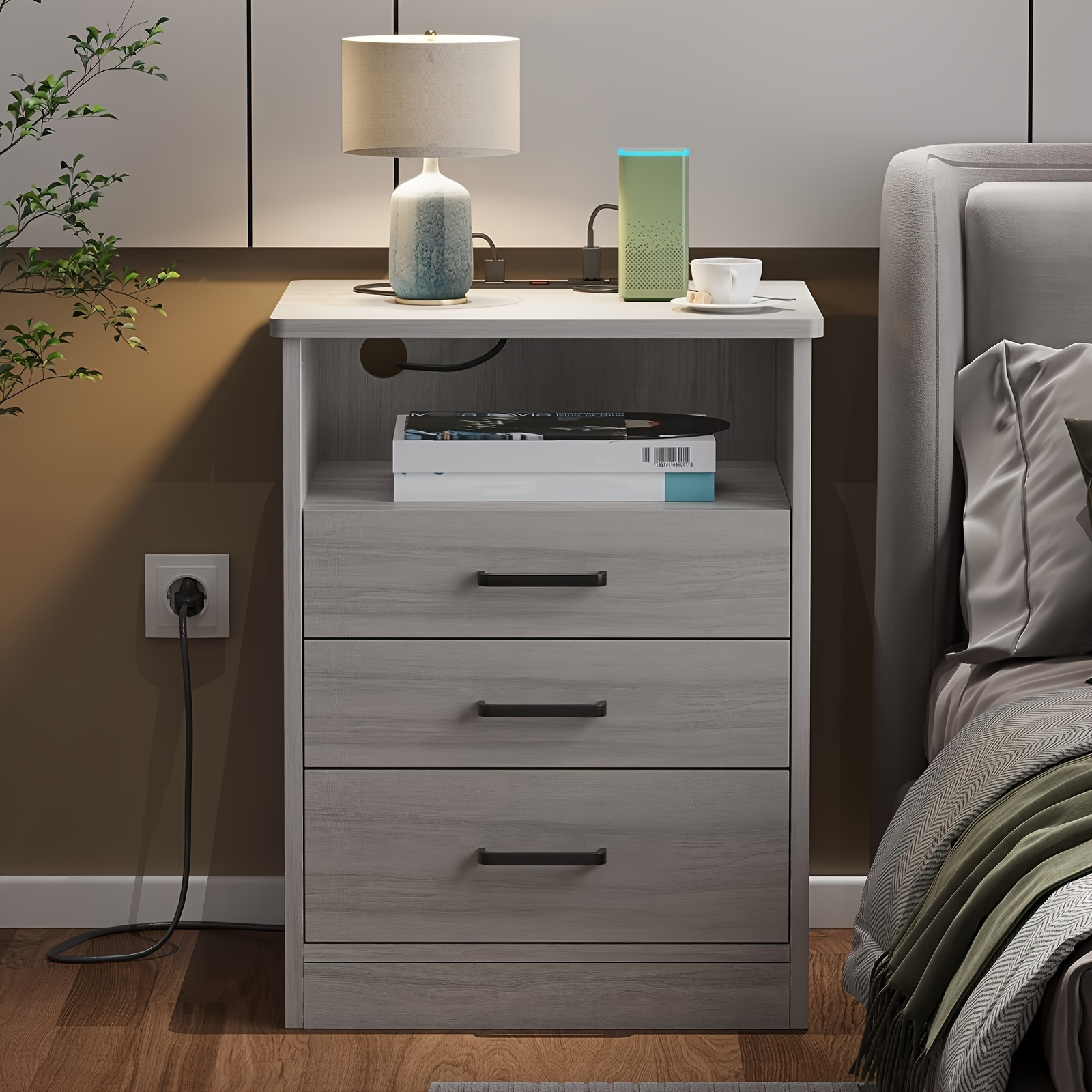 

1pcs Nightstand For Bedroom, Nightstand With Drawers And Charging Station, Bedside Table With Storage, Grey