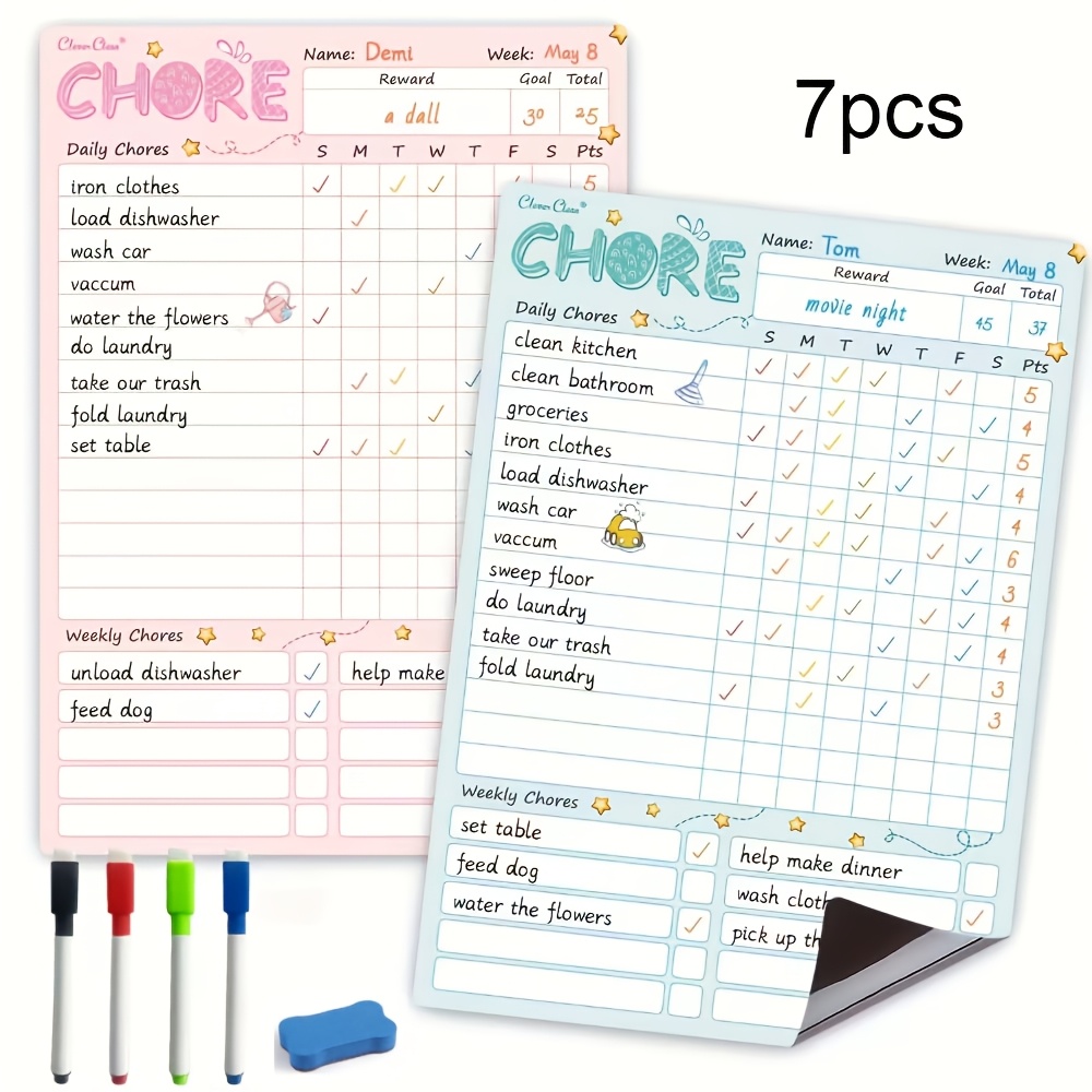 TEMU 7pcs Magnetic Set - 2 Magnetic Whiteboard Fridge Stickers And 4 Erasable Pens And 1 Eraser, Reusable Chore Chart And Decorative Memo Board, Home