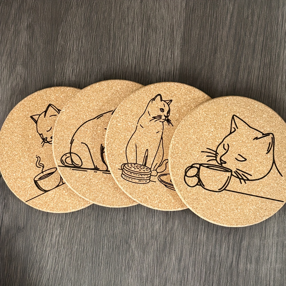 E-shop 4 Stück Kreative Weiche Korkuntersetzer, einzigartig handgegraviertes Niedliches Katzen- und Kaffee-Motiv, rustikaler Stil Restaurant Café