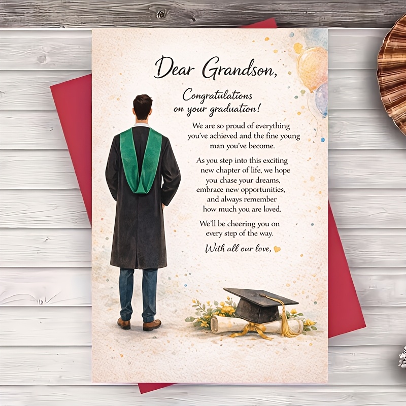 TEMU Greeting Card And 1 Envelope Graduation Card For Grandson Congrats Flat Greeting Card For Him Gift From Family Inspirational Message Ceremony