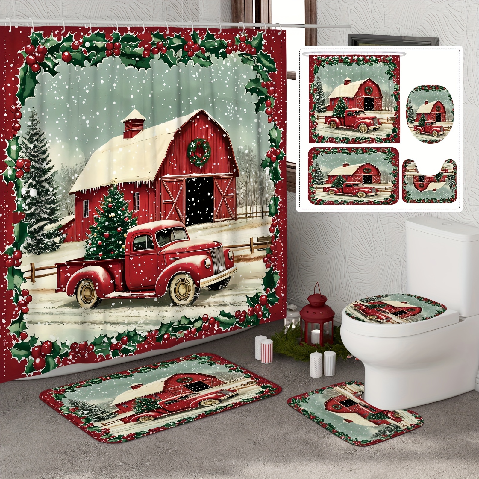 

Festive Christmas Farmhouse Truck Shower Curtain Set: Waterproof Polyester, Washable, With 12 Hooks, Non-slip Bath Mat, U-shaped Toilet Lid Cover, And Mat - Perfect For Christmas Bathroom Decor