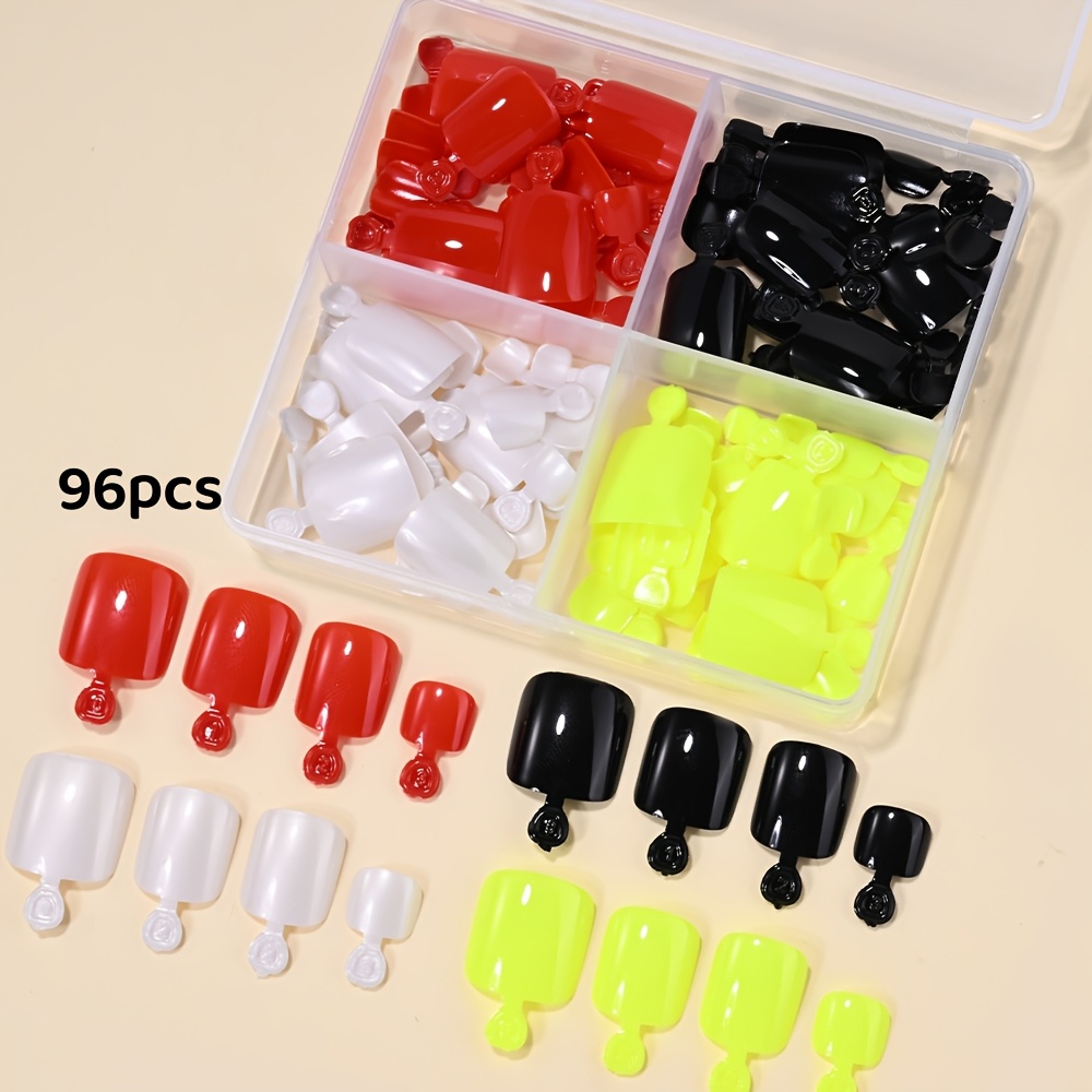 A Box Of 96pcs Summer Elegant Solid Fake Toe Nails, 4 Styles Acrylic Toenail Tips, Full Cover Toe Nails False Nails For Women And