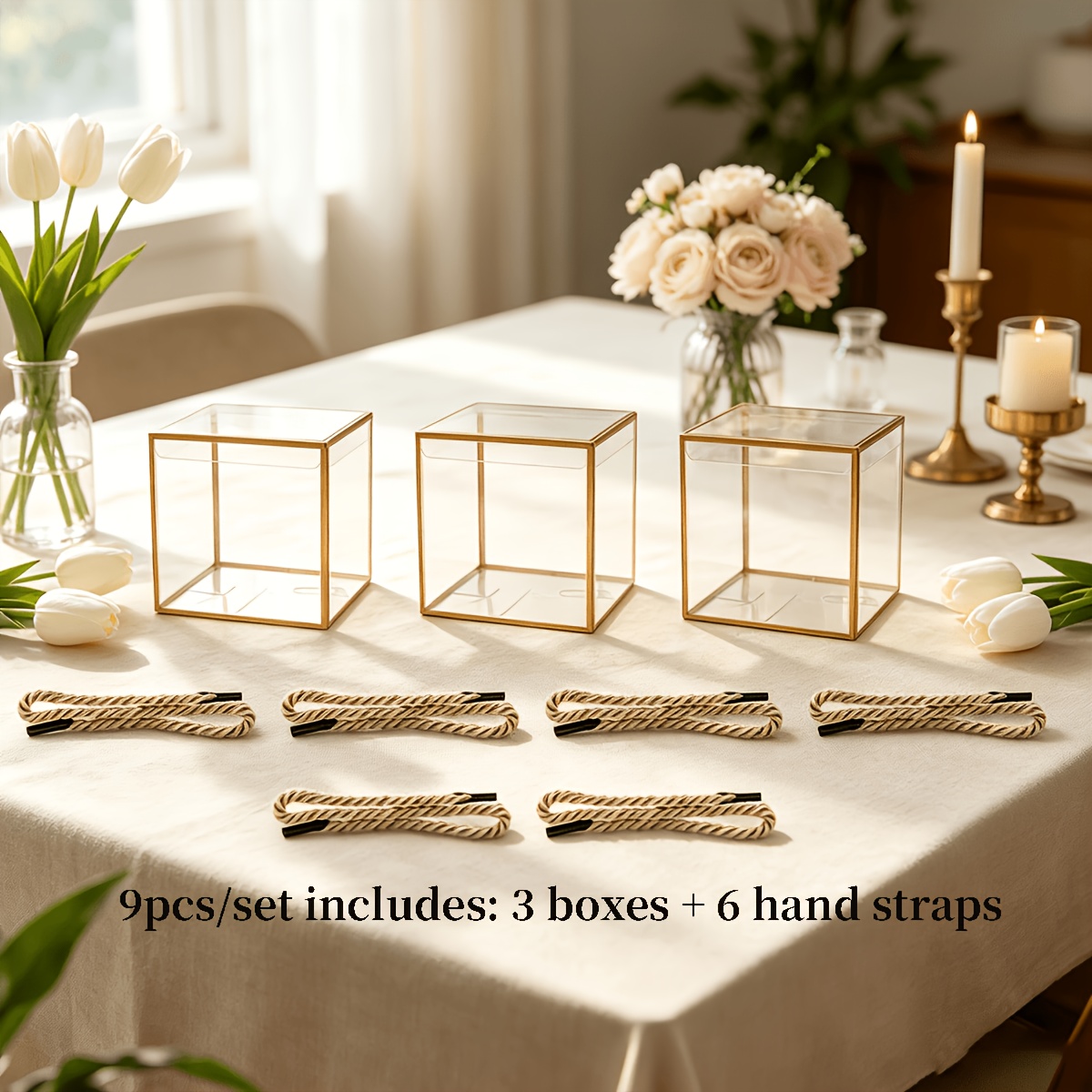 TEMU 9pcs Mixed Pack Light Luxury Gold-rimmed Transparent Souvenir Box, Including 3pcs Gift Boxes And 6pcs Hand Ropes, Portable , Box For Weddings,