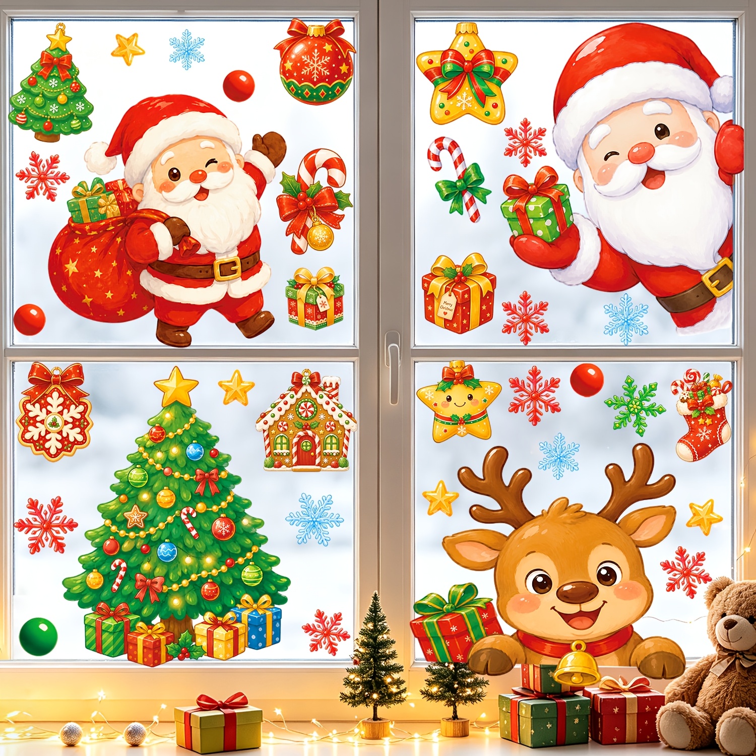 TEMU 4 feuilles de 35 pièces - Stickers de fenêtre de Noël, décollables et collants, , résidus, pour vitres - Père Noël et et sapin de Noël et boîte