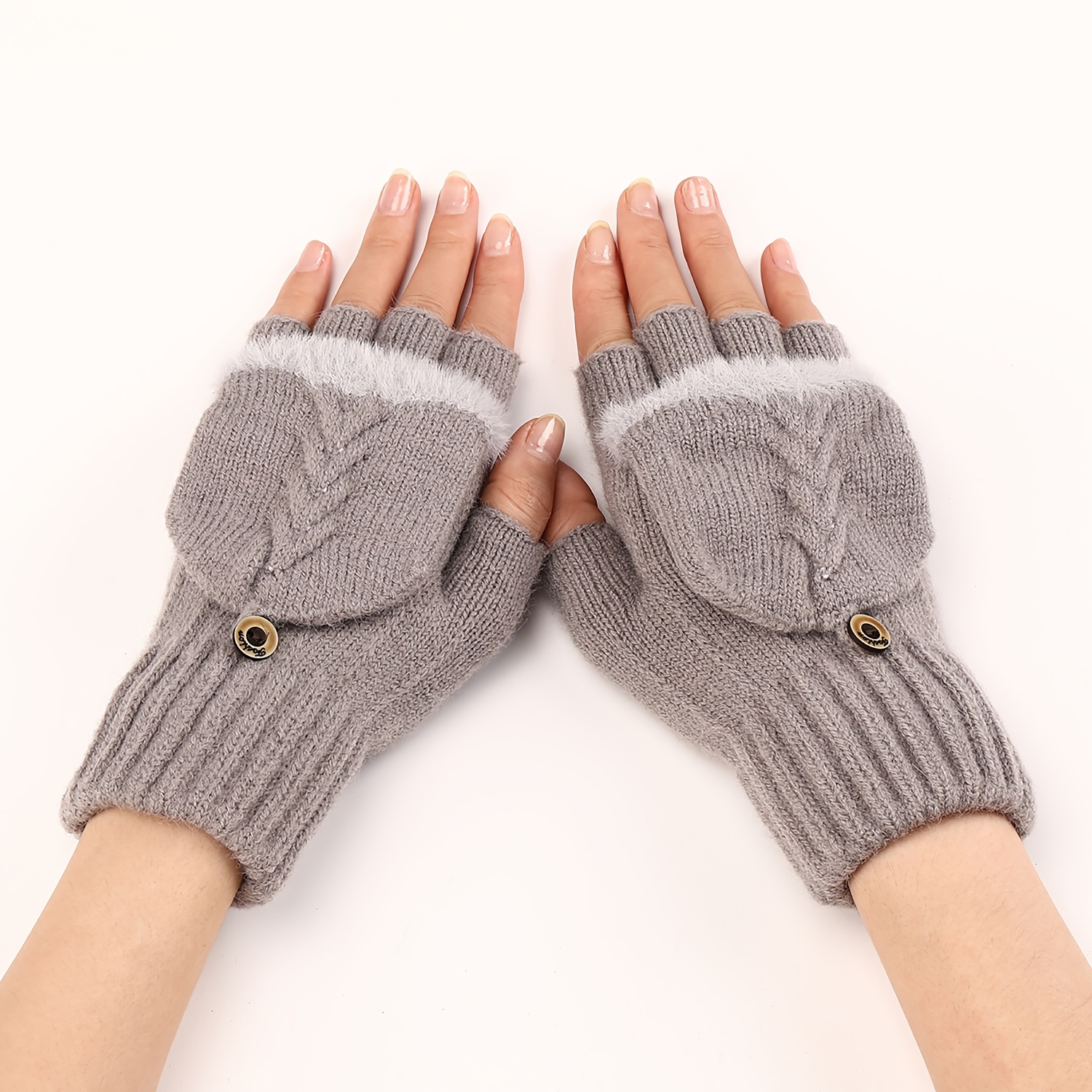 

Chic Fingerless Knit Gloves With Flip- - Warm, Stylish Half-finger Winter Accessory For Women, Autumn, Short, Fleece