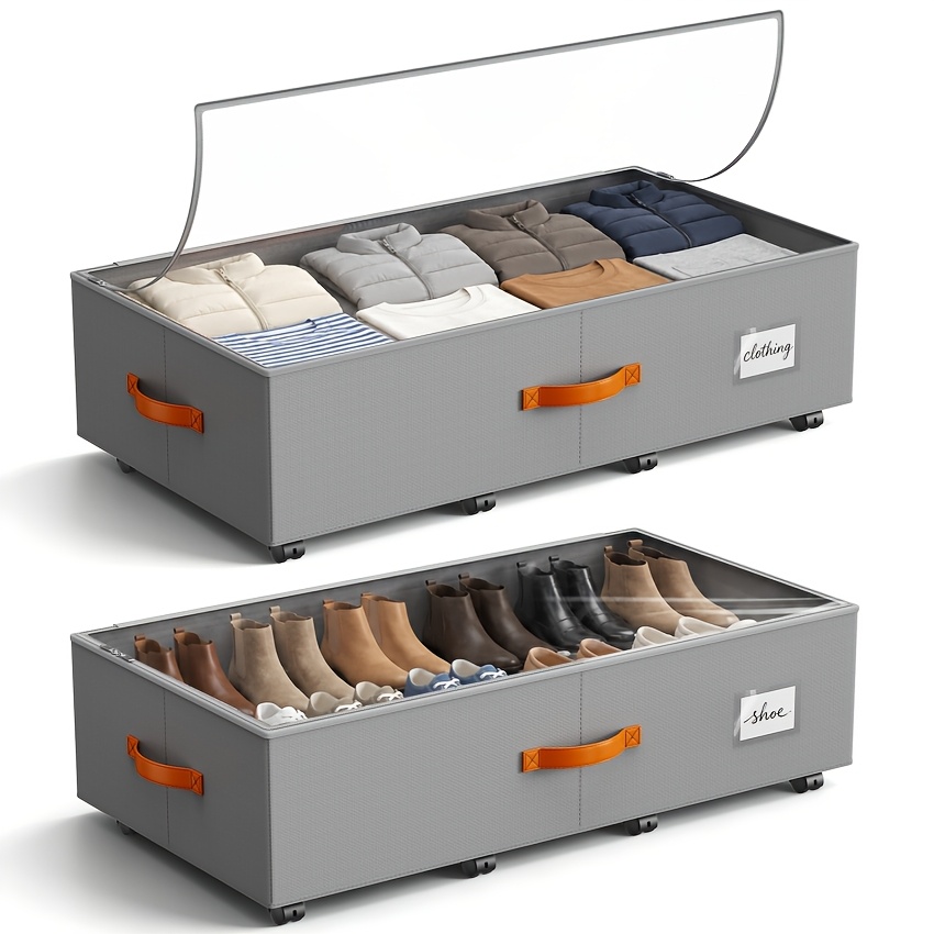 Image of 2pcs 65l Underbed Storage Box With Wheels Transparent Lid, 8 Rolling Wheels (4 Lockable), Dustproof Clothes/shoes/blanket Organizer, 84x44x24cm, Under-bed Storage