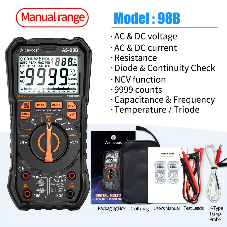 Image of Digital Multimeter, 9999 , Multimeter, Ac/ Voltage, Ac/ Current Tester, Electrical Professional Multimeter, Ncv Tester, Frequency, Buzzer, , Resistance, Measurement