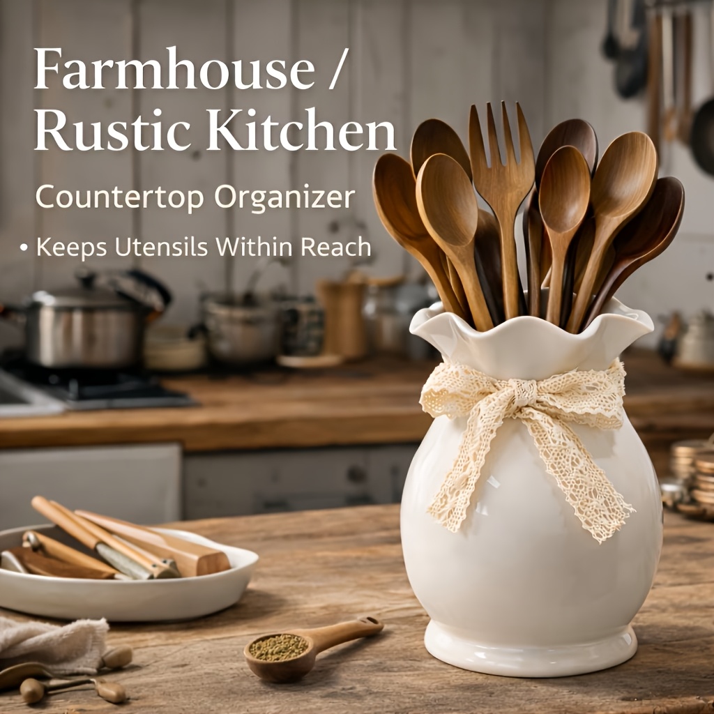 high end farmhouse style ceramic vase or cutlery rack cute hollow lace bow decoration on the bottle body countertop storage rack practical and durable large capacity design can   cutlery bouquets cosmetic brushes