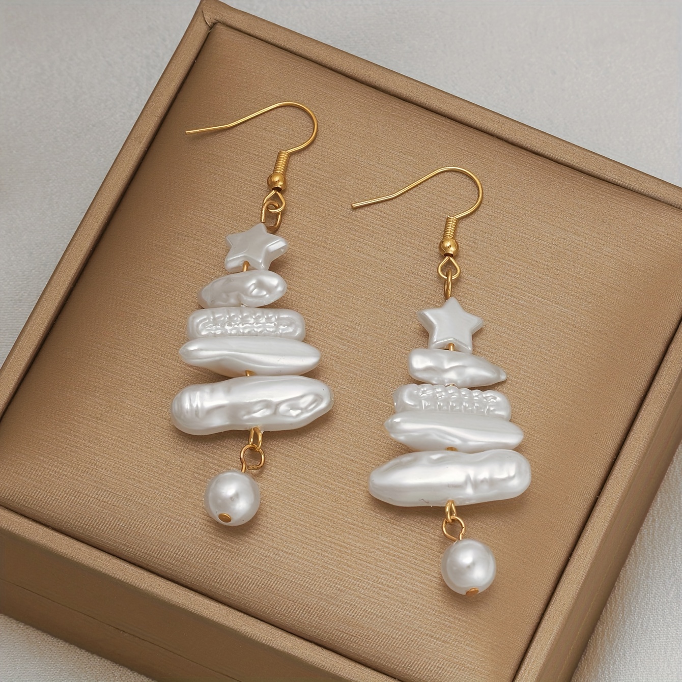A Pair Of Christmas Tree Star Earrings | Imitating Baroque Pearl, Elegant Acrylic Star Earrings For Female , Perfect For Party And Festive Celebrations