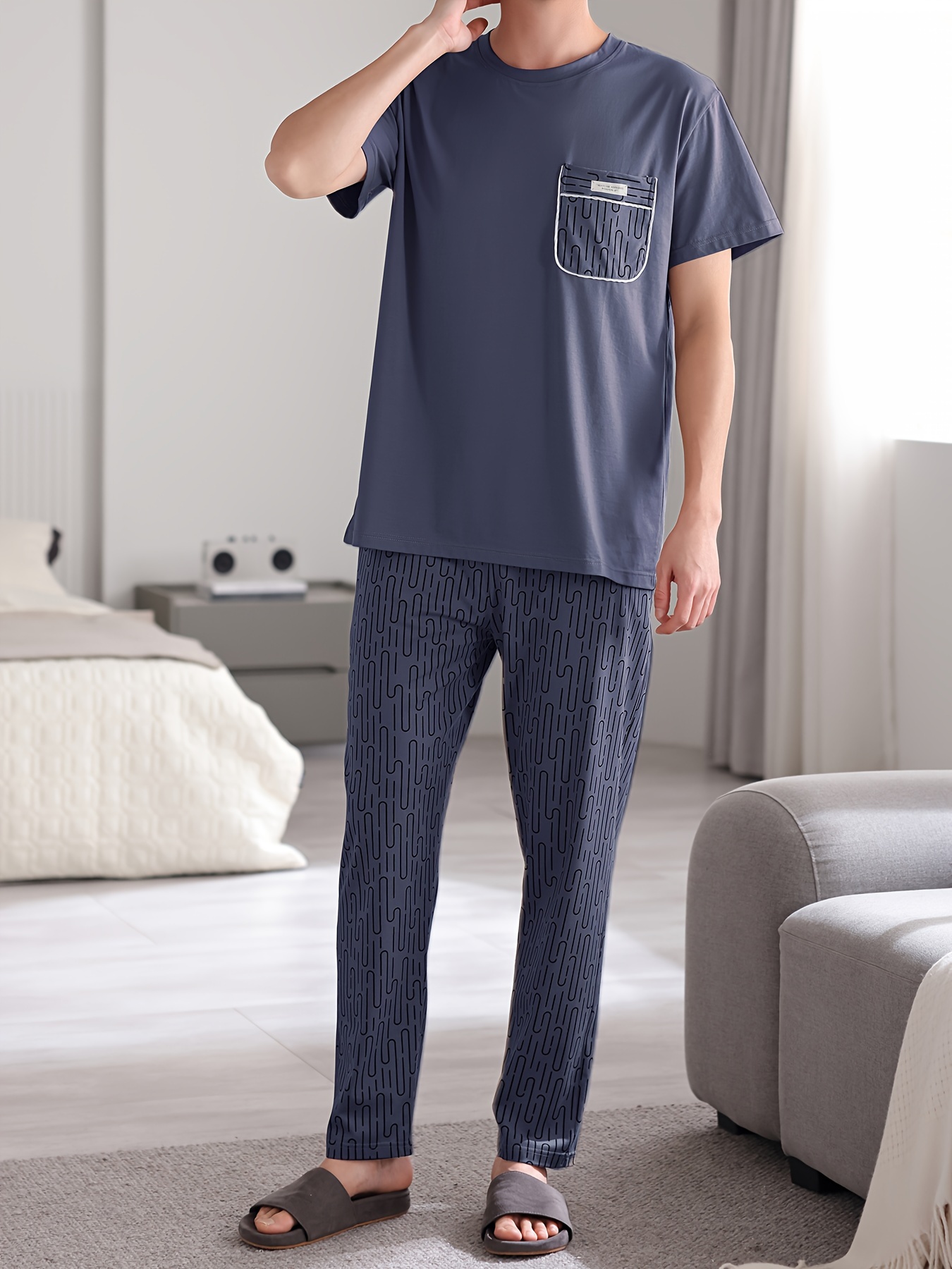 Easy Care, Men's Summer Cotton Pajama Set - Casual Short Sleeve & Long Pants, Breathable Lightweight Sleepwear with Pockets
