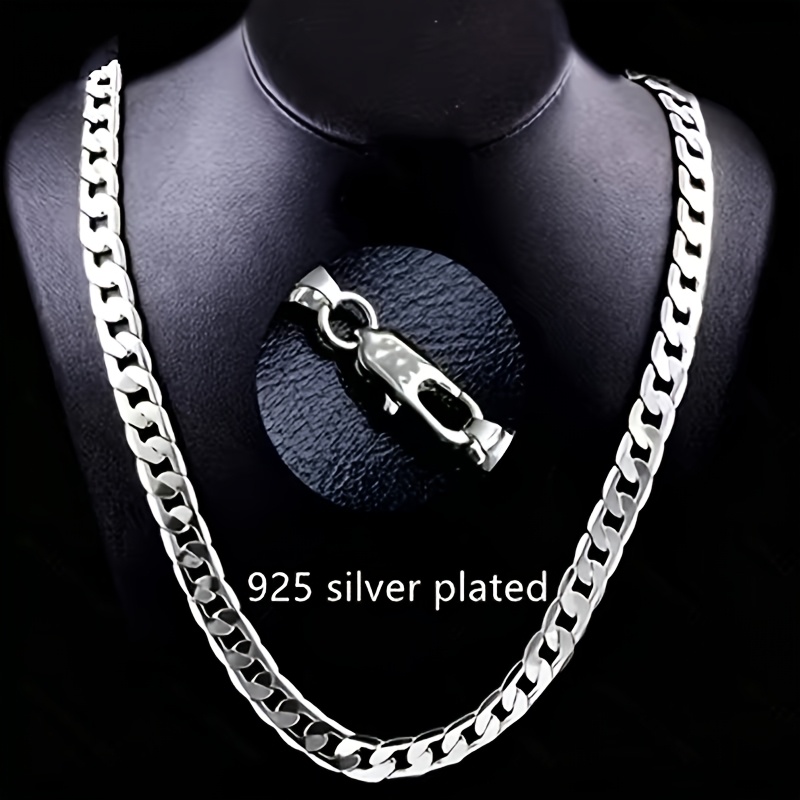 TEMU Fashion 925 Silver Plated Cuban Link Necklace - /24 Inch Heavy Interlocking Chain Design Men Women Necklace Luxurious 925 Silver Plated Jewelry