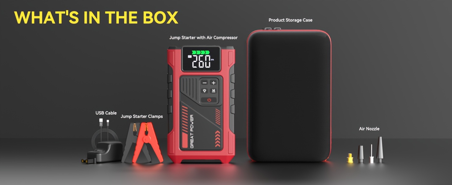 a car starter with an air compressor emergency starting battery charging auxiliary jump starter portable car battery jump box car jump starter suitable for 12v 7 5l gasoline 6 0l diesel 150psi tire inflator combination lithium battery jump pack with air pump with led emergency lighting large capacity power bank details 7