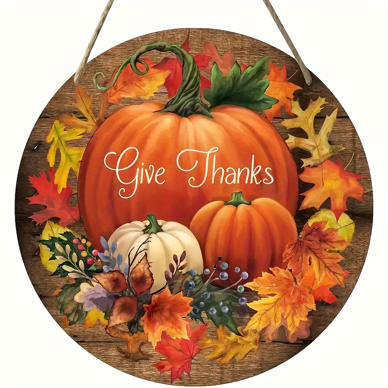 

Fall Harvest Pumpkin Wreath Wooden Sign - 1 Piece Vintage Rustic Wood Wall Art For Home, Dining, Bar, Cafe & Garage Decor | Thanksgiving Theme With "give Thanks" Message