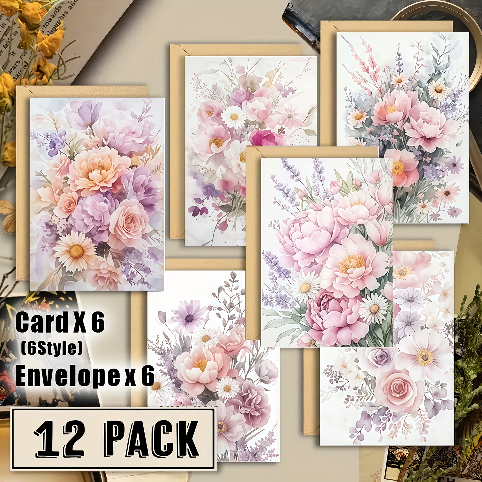 TEMU Set da 12 pezzi ( 6 biglietti d' + 6 buste) - Eleganti biglietti d' ad con buste, design con fiori in , adatti per compleanni, matrimoni, addii