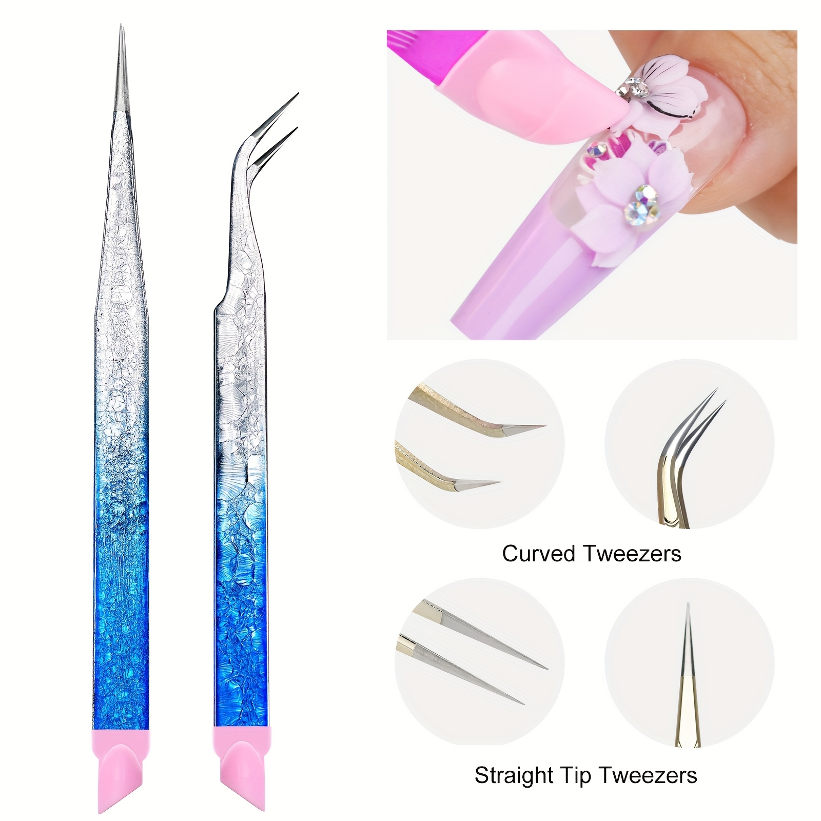 TEMU 両頭ステンレス製爪ピンセット 2点セット 押し頭付き 多機能まつげ＆メイクアップツール ネイルアートピンセット