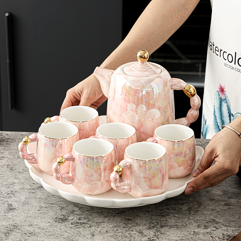 8pcs set ceramic light luxury pearlescent pink drinkware set