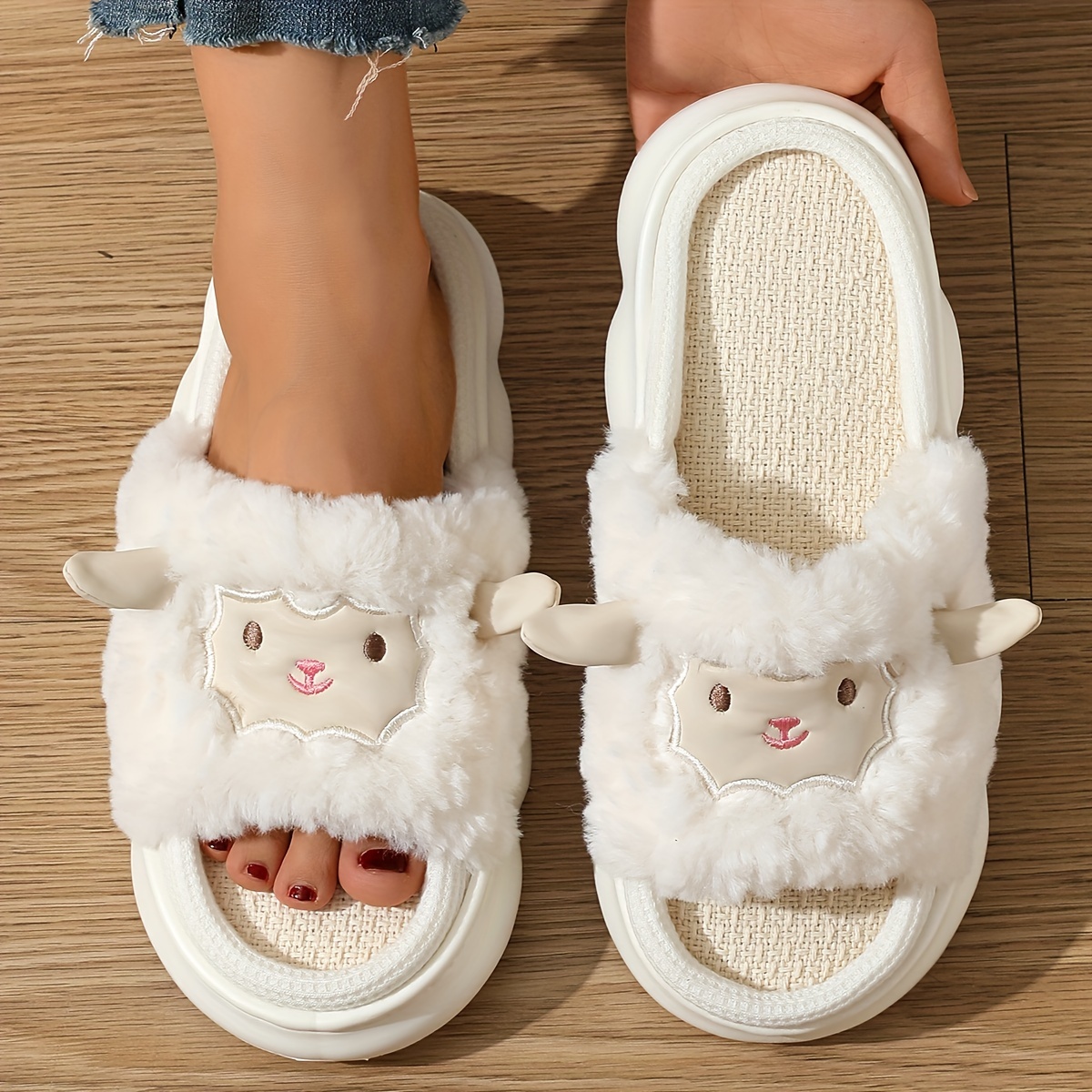 Image of Cozy & Cute Women's Plus Size Slippers - Fluffy White, Soft Thick Sole, Quiet Linen Indoor Footwear For , Slippers| Footwear|fluffy Texture, Ladies Slippers, Women Shoes