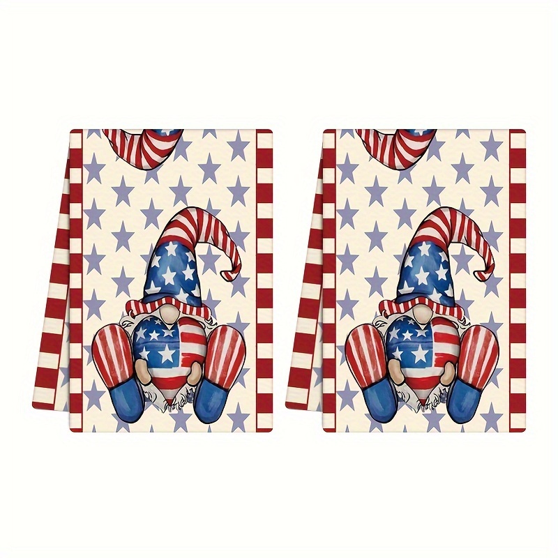 

2pcs, Hand Towels, Patriotic Gnome Kitchen Towels, Polyester Dish Cloths, Vintage Style, American Flag Design Dishcloth For Independence Day, Festive Home Decor