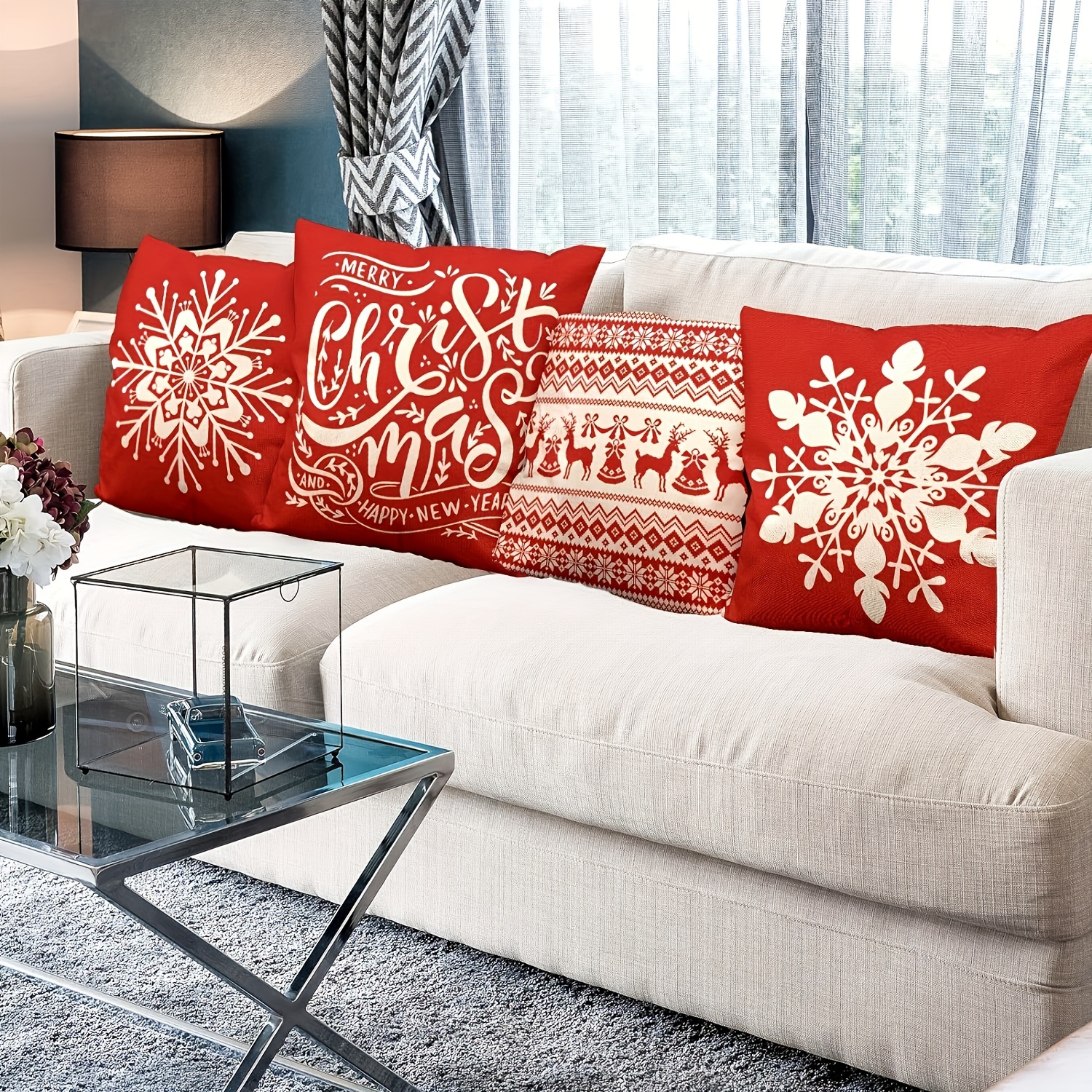 

Festive 4pcs Set Of Vintage Christmas Snowflake & Reindeer Throw Pillow Covers - Perfect For Home, Office, And Living Room Decor - Machine Washable Polyester With Zip Closure