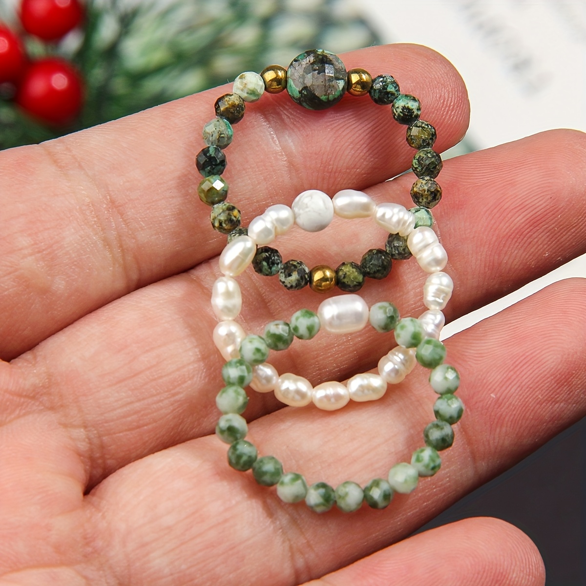 Image of Gift For Her/him 3pcs Natural Stone And Ring Set, Multi- Handmade, Hand-beaded Elastic Cord, Suitable For Daily Commuting, Best Gift For