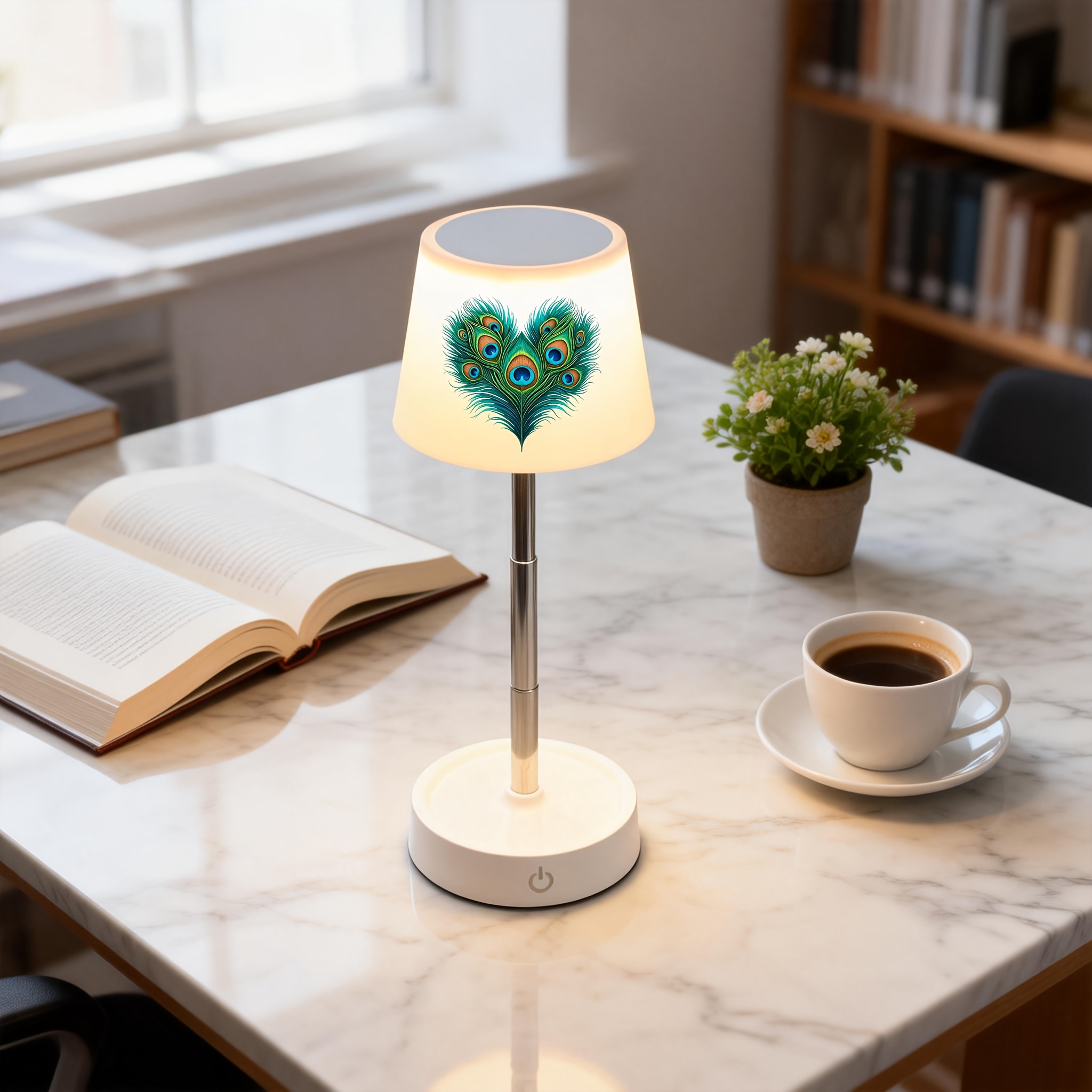 Peacock Feathers Heart Print Desk Lamp, Height Adjustable & Dimmable