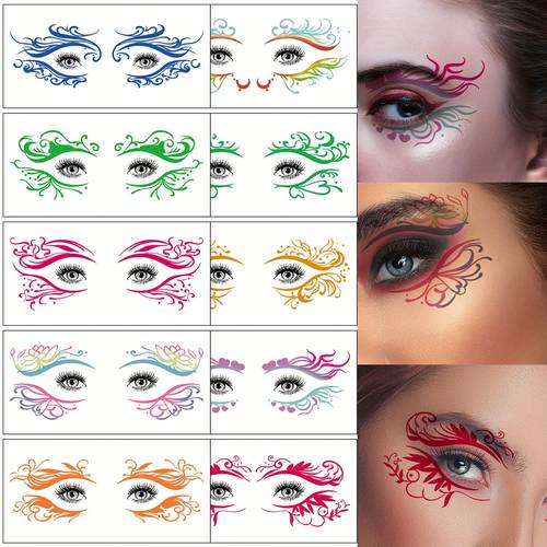 10 face and eye tattoo stickers suitable for women featuring stylish colorful eye liner and eye shadow temporary tattoos are waterproof realistic easy to apply and easy to parties concerts balls and performance makeup