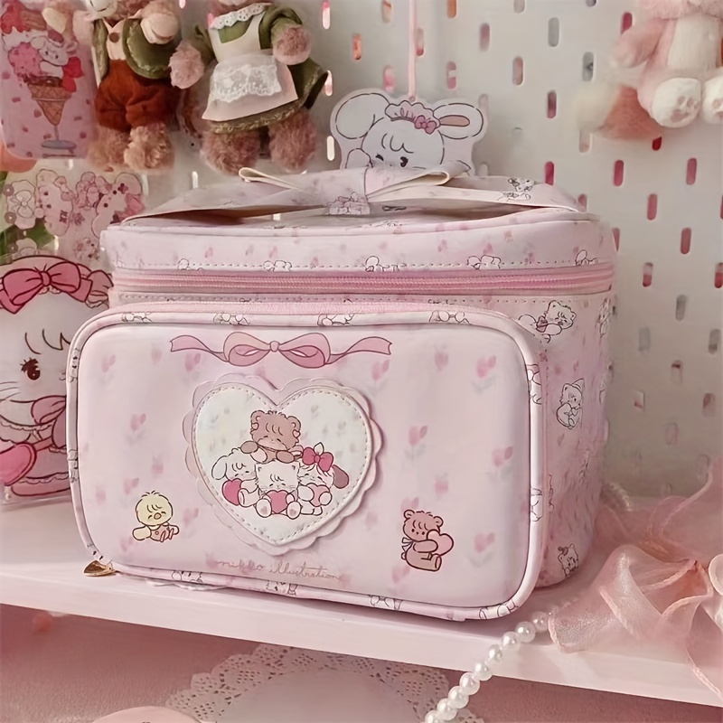 

Grand Sac à Cosmétiques en Similicuir Rose Mignon avec Fermeture Éclair - , et Lapin en de Cœur, Détail en , pour le Rangement des Articles de Toilette des Femmes