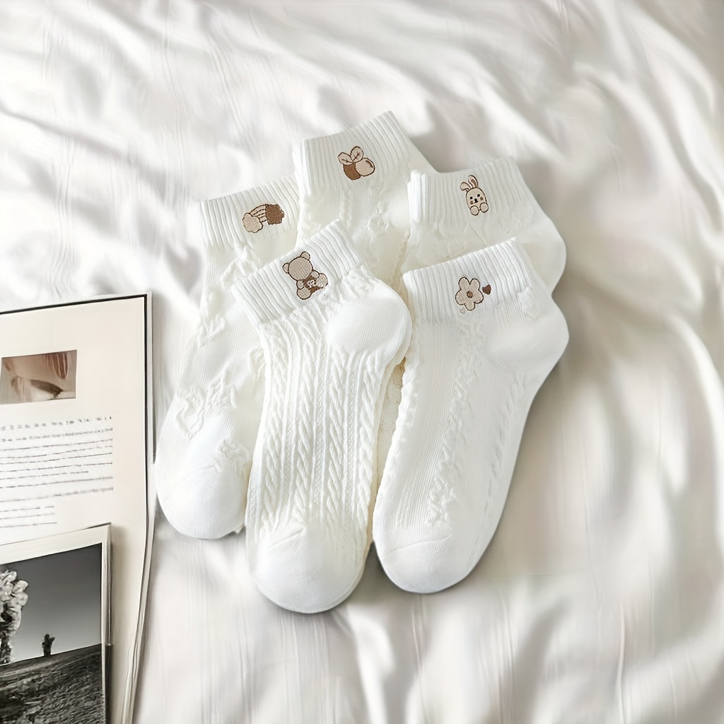 

5 Pairs White Textured Socks, Simple & Lightweight Short Socks, Women's Stockings & Hosiery