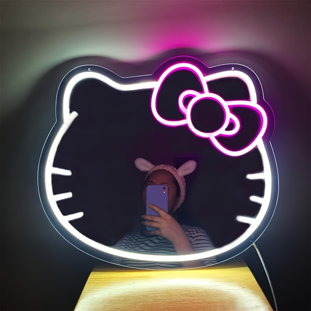 

Hello Kitty Led Makeup Mirror With Adjustable Brightness - Usb Powered, Wall-mounted Cartoon Neon Light For Girls' Bedroom Decor & Gifts