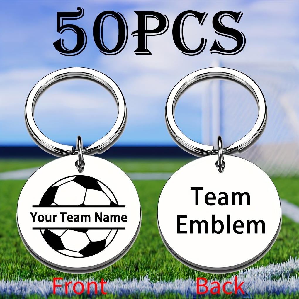 TEMU 50pcs Personalized Soccer Keychains Custom Team Names & Emblem - Stainless Steel Soccer Ball Shape With Ring - Bulk Sports Gifts For Teams,