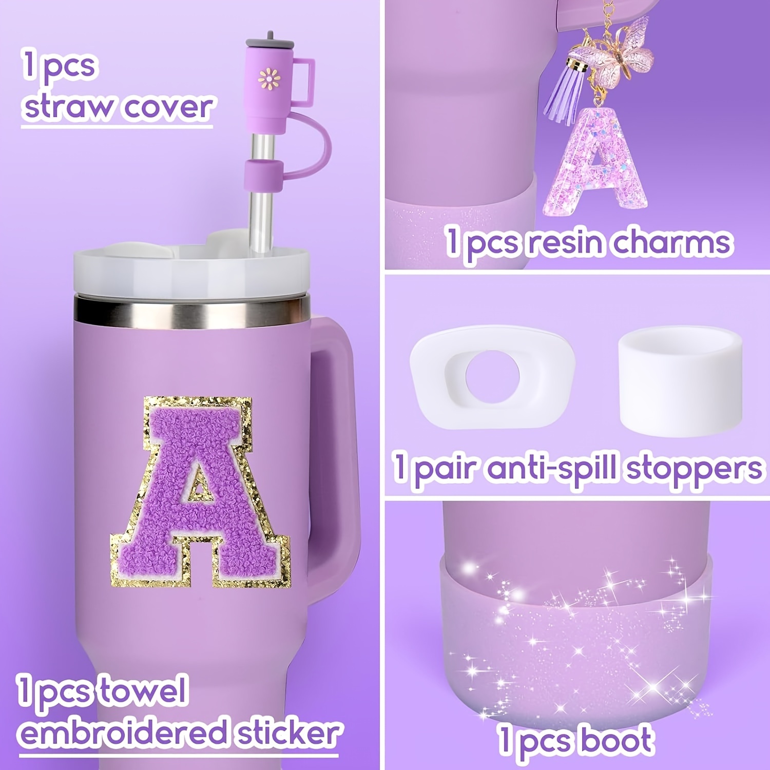 Set Accessori Per Tazza Stanley 30-40 Oz Con Manico - Include Coperchio In Silicone, Tappo Anti-spillo, Charm Iniziali E Adesivi (Viola M) - 5