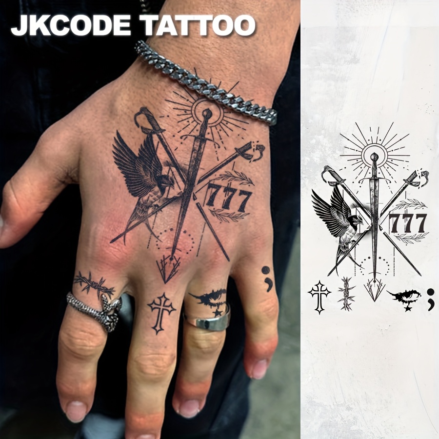 Waterproof Design Semi-permanent Tattoos, Number 777 - Sword Swallow And Peace Pattern - Dual-use Men's Neck Hand Finger Temporary 15 Days