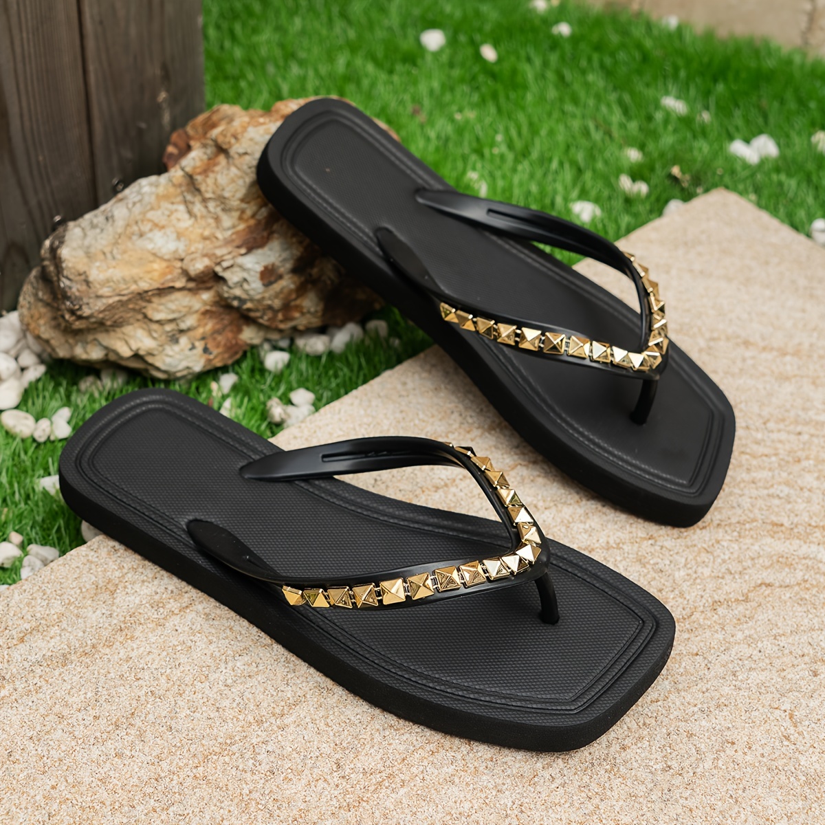 Women'S Summer Fashion Flip-Flops - Comfortable, Durable EVA Material, Flat Heel, Slip-On Thong Sandals for Beach & Casual Wear, Black with White Stripe, Ladies Sandals