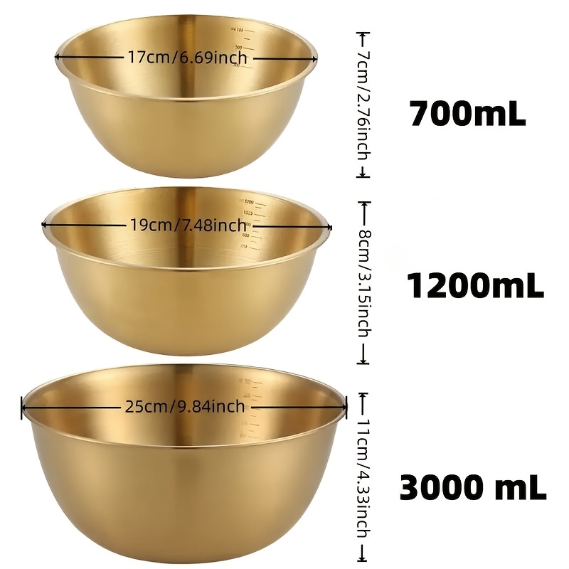 

3pcs Golden Stainless Steel Salad Bowl Set With Measurement Marks - Easy Clean, Cold Noodles & Fruits