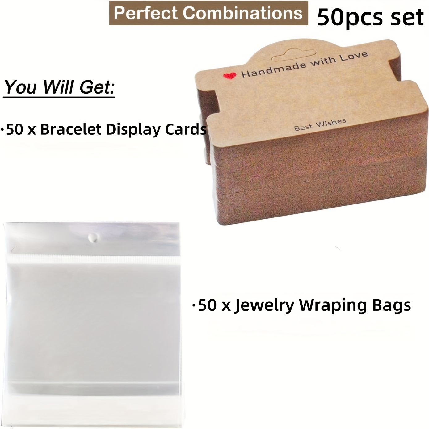 E-shop 50er-Pack Armbandverpackung für kleine Unternehmen, mit Display-Karten und transparenten Beuteln, sorgfältig gefertigt. Diese hängenden
