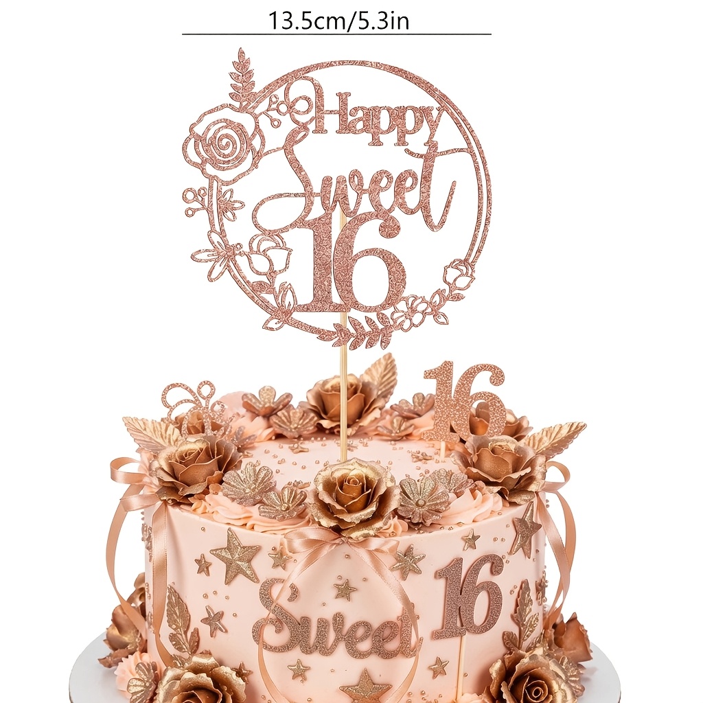 1pc Rose Golden 16 Cake Topper, Glitter Floral Wreath Birthday Cake Decor For, Elegant Anniversary Party Supplies, Sparkling Dessert Table Insert Decoration, Halloween, Christmas