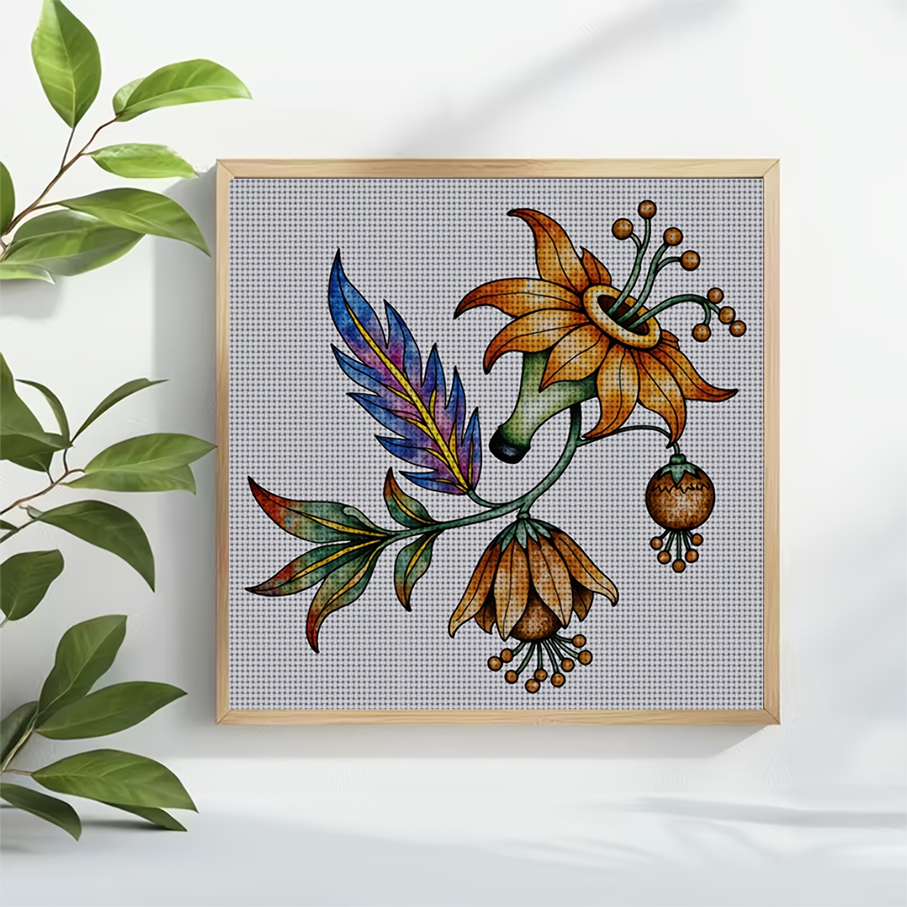 Cross Stitch Printed Kit, Frameless, Colorful Flowers with Feathers Design