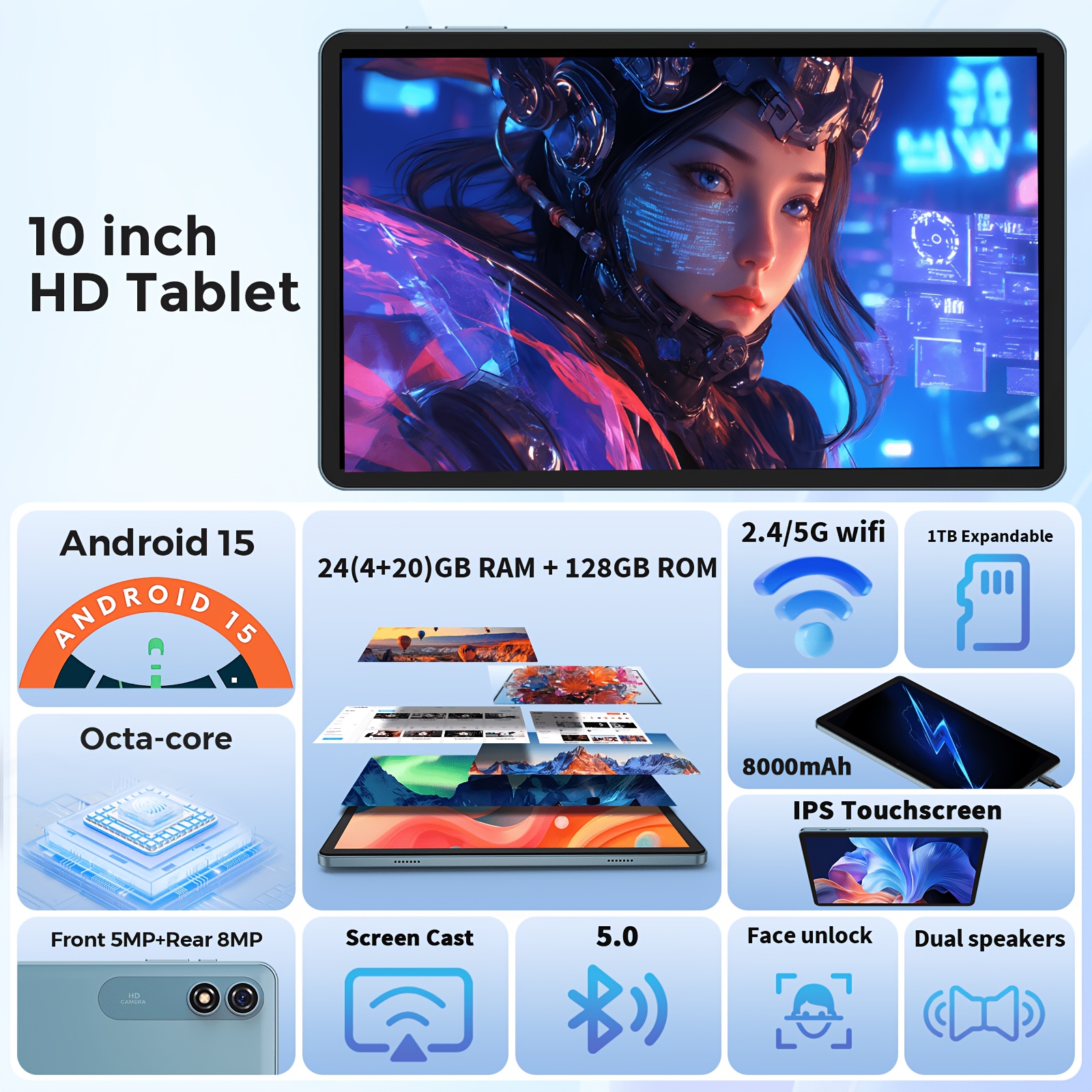 New Tablet PC, 24GB(4GB+20GB) RAM, 128GB ROM + 1TB Expansion Support, 1280x800 IPS, 5G WiFi, Large Screen Tablet (without Sd Card&adapter), Valentine's Day Gift, Optional Versions: [Tablet with Keyboard, Mouse, Stand Case, Stylus]/[ Tablet ONLY]