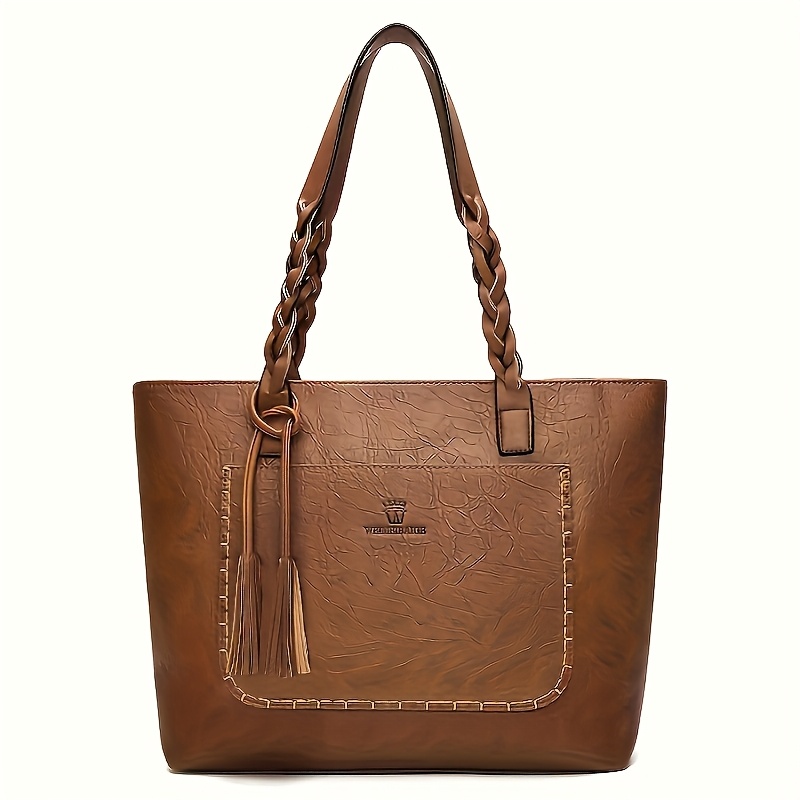 TEMU Elegant Women' Tote Bag With Retro Tassel, Large-capacity Leather Handbag, Simple Commuter Shoulder Bag